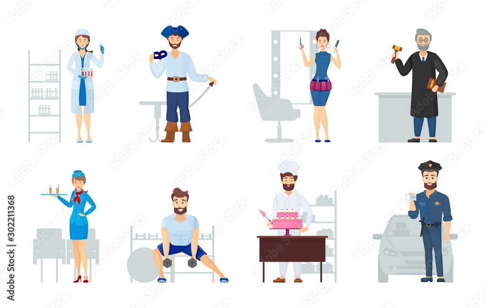 People different professions. Labor Day. Occupations laboratory assistant nurse hairdresser teacher seller chef cook fitness trainer policeman stewardess judge theater actor cartoon vector