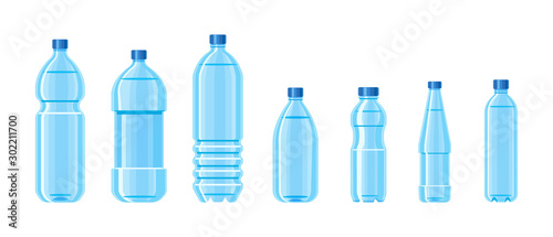 Plastic water bottle blue color set containers of different capacities large-small tare  pump bottle. Healthy aqua bottles clean water for drinking. Template bottles delivery water service vector