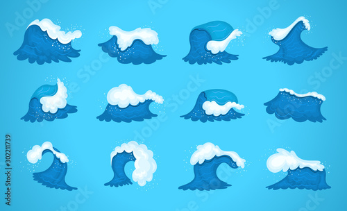 Sea wave cartoon set. Blue water ocean waves, marine surf wave, ripples tides sea storm, tidal different shapes, splash water motion with spray isolated vector cartoon illustration