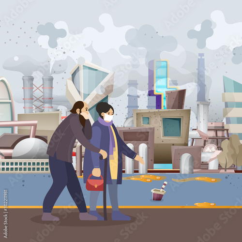 Group elderly people choking on dust wearing protective face masks walking along dusty polluted street on the background of smoking pipes of factories, industry smog. Pollution environmental vector