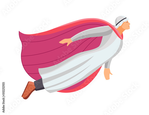 Flying superhero lady. Super hero Muslim woman in headscarf in red cape, red cloak cartoon vector illustration