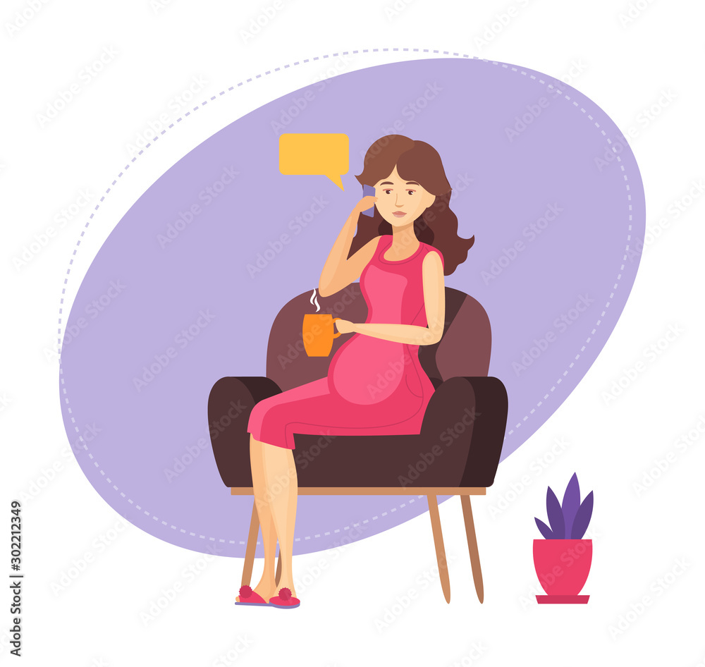 Pregnant woman relaxation. Pregnant lady is sitting in an armchair, talking with her friend, resting cartoon vector illustration Pregnant woman relaxation. Pregnant lady is sitting in an armchair, talking with her friend, resting cartoon vector illustration