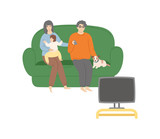 Family with dog sitting together on sofa and watching TV, kid embracing mom, man holding remote, people portrait view isolated on white, room vector