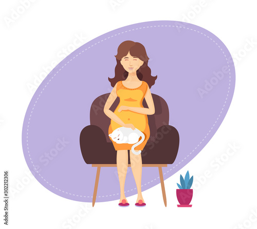 Pregnant woman relaxation. Pregnant lady is sitting in an armchair with cat, resting cartoon vector illustration