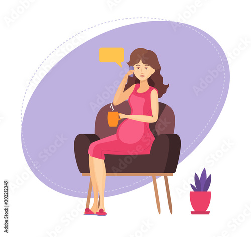 Pregnant woman relaxation. Pregnant lady is sitting in an armchair, talking with her friend, resting cartoon vector illustration