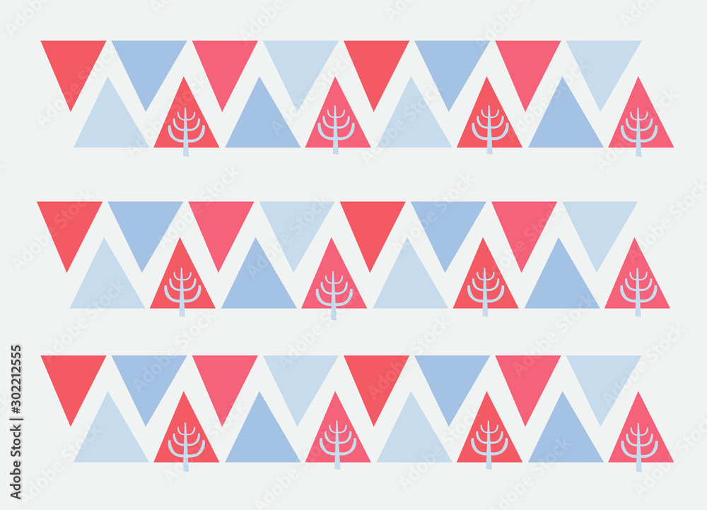 Pattern spruce and mountains. Scandinavian, Nordic style with red and blue triangles and Christmas tree. Vector ornament for design, fabric, textile, wrapping paper, wallpaper Pattern spruce and mountains. Scandinavian, Nordic style with red and blue triangles and Christmas tree. Vector ornament for design, fabric, textile, wrapping paper, wallpaper