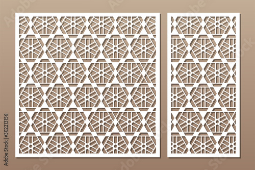 Set decorative card for cutting. Geometric linear pattern. Laser cut. Ratio 1:1, 1:2. Vector illustration.