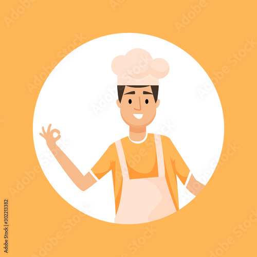 Baker in high hat smiling and showing ok sign isolated. Vector chef cook, male in white cap portrait view in round frame. Cooker in head garment, kitchener