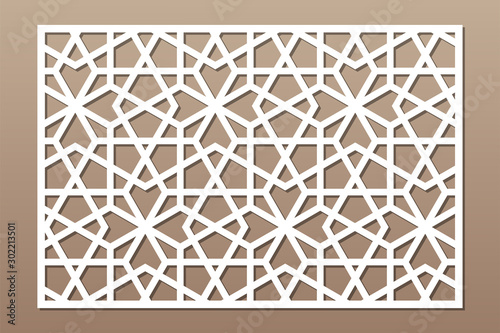 Decorative card for cutting. Geometric arabic mosaic pattern. Laser cut. Ratio 2:3. Vector illustration.