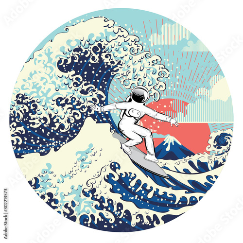 Spaceman surfing great wave