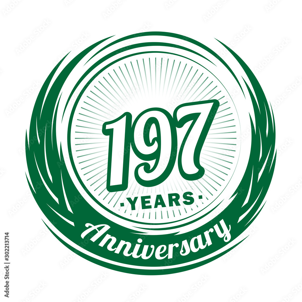 One hundred and ninety-seven years anniversary celebration logotype. 197th anniversary logo. Vector and illustration. One hundred and ninety-seven years anniversary celebration logotype. 197th anniversary logo. Vector and illustration.