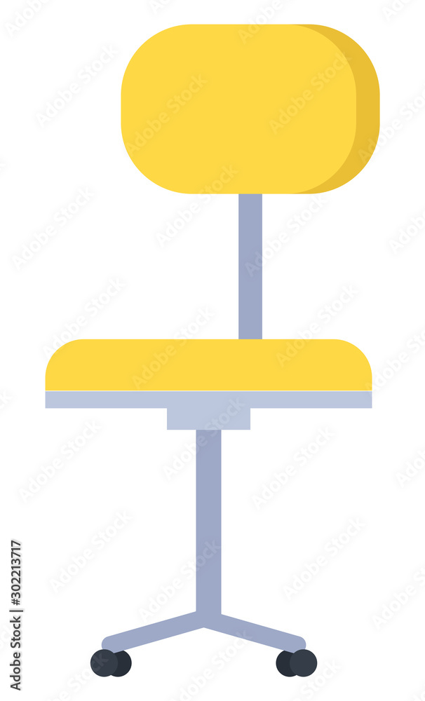 Yellow office, computer or desk chair isolated on white background. Swivel or revolving furniture with single central metal leg and small wheeled legs. Vector cartoon illustration in flat style Yellow office, computer or desk chair isolated on white background. Swivel or revolving furniture with single central metal leg and small wheeled legs. Vector cartoon illustration in flat style