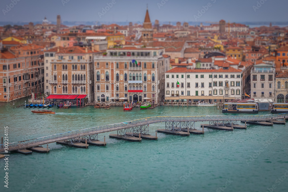 Tilt shift effect of boat deck set up at Salute on the occasion of the marathon, Venice, Italy