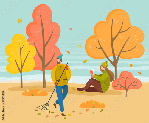 People walking in autumn park. Man sweeping foliage on outdoor territory using broom. Woman sitting on ground and reading book. Orange leaves falling from trees, fall weather, vector illustration