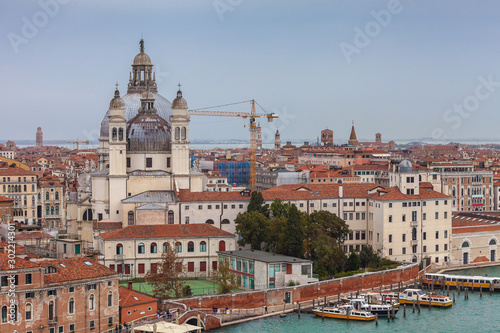 Aerial view of Basilica della Salute from Giudecca channel, Venice, Italy