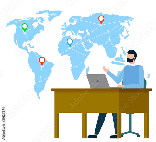 Map of world with geotags vector, location pointers on global representation flat style international business. Businessman sitting by table working on laptop, coder support worldwide management