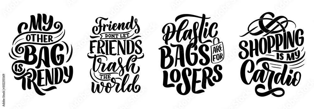 Fototapeta premium Set with Eco bag prints for cloth design. Retail advertising. Lettering quotes for environment concept. Organic design template. Typography illustration.