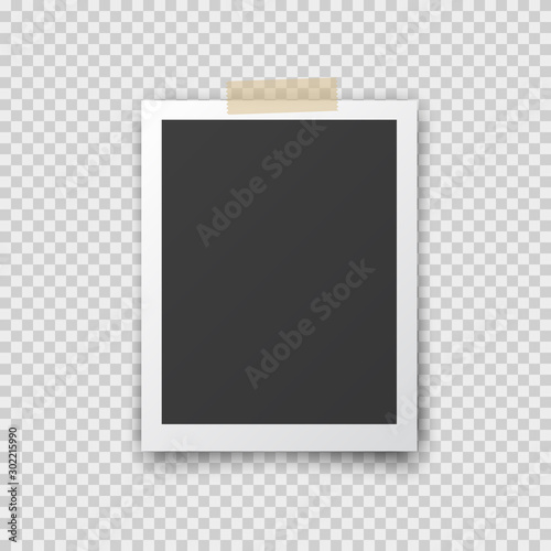 Photo frame with shadow pin on sticky tape. Old empty black snapshot isolated on transparent background. Vector picture for your design.