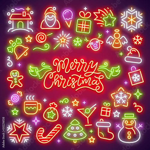Merry Christmas glowing neon icons set. Greeting card. Vector poster design elements for your holiday projects.