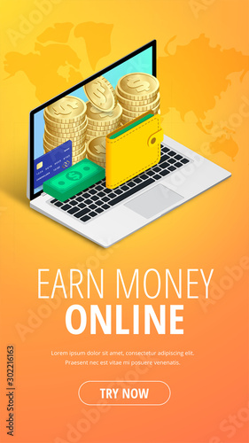 Earn money online concept isometric laptop