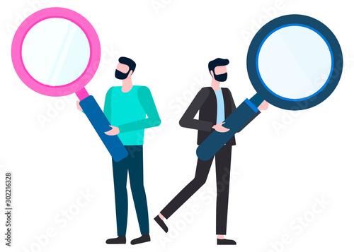 Man character holding magnifier isolated financial analytics investigating sale, detectives searching. Male character and loupe, person with lens vector