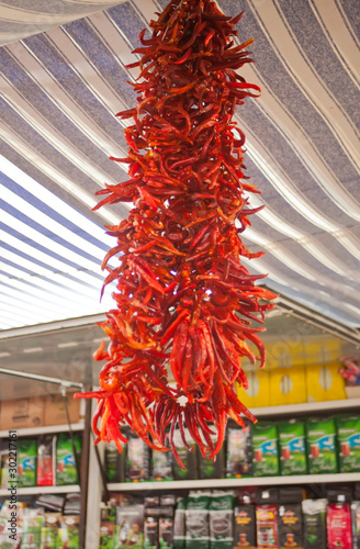Hanging Strand of Red Chili Peppers in a Turkey shop
