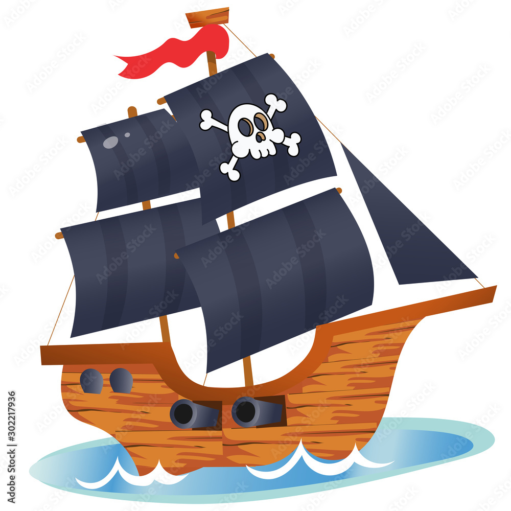 Color image of cartoon pirate ship on a white background. Sailboat with  black sails with skull in sea drawing. Isolated element for pirate party  for kids. Vector illustration. Stock Vector | Adobe