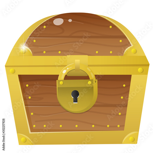 Color image of cartoon treasure chest on a white background. Closed coffer with lock . Decorative element for pirate party for kids. Vector illustration.