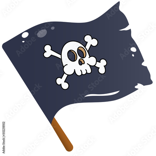 Color image of cartoon pirate flag on a white background. Black flag with skull drawing. Jolly Roger. Decorative element for pirate party for kids. Vector illustration.