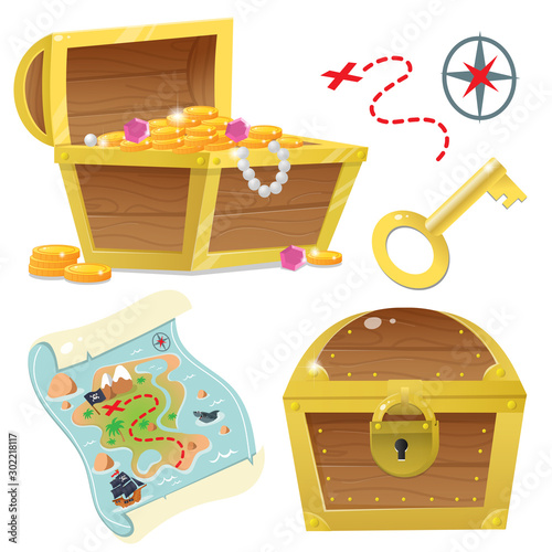 Cartoon set for pirate party for kids. Treasure chest. Pirate coffer with gold and jewels. Closed coffer with lock. Golden key. Treasure map. Color images on a white background. Vector illustration.