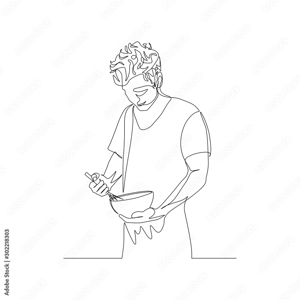 Continuous one line man beats eggs in a bowl with a whisk. Culinary theme, kitchen appliances. Vector