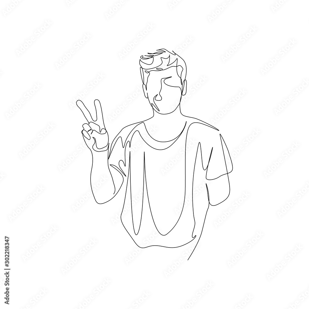 Continuous one line man make a victory sign with hand. Vector