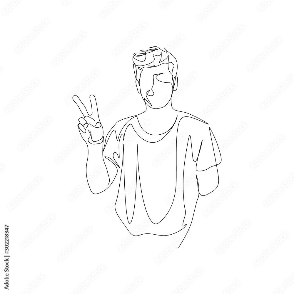 Continuous one line man make a victory sign with hand. Vector Continuous one line man make a victory sign with hand. Vector