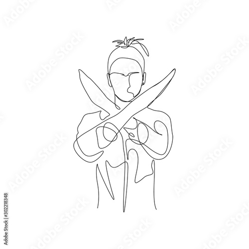 Continuous one line woman with ponytail makes hands prohibition sign, cross, NO sign. Vector