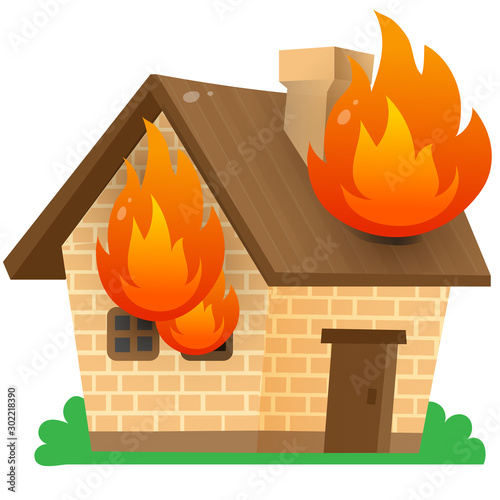 Color image of house in fire on a white background. Fire, flame. Vector illustration.
