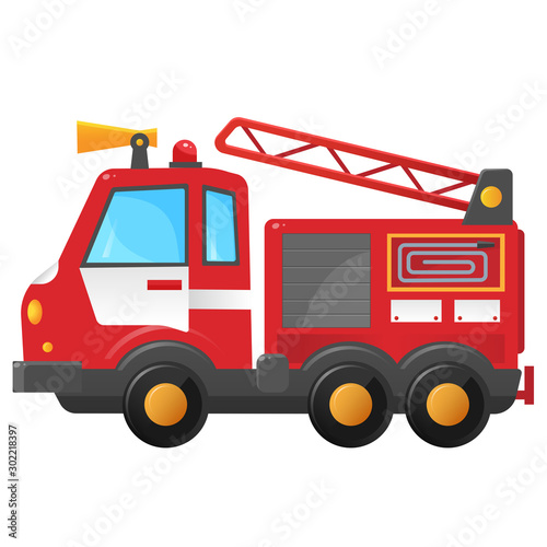Color image of fire truck on a white background. Cartoon fire engine. Vector illustration of vehicle, transport for kids.