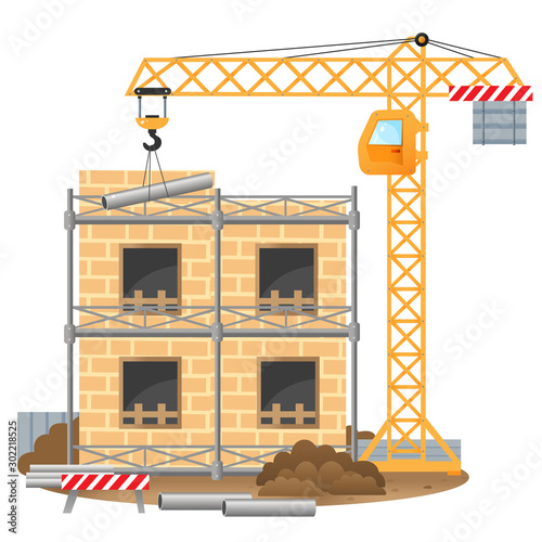 Color image of build of house on a white background. Elevating crane. Construction. Profession: builder. Vector illustration for kids.