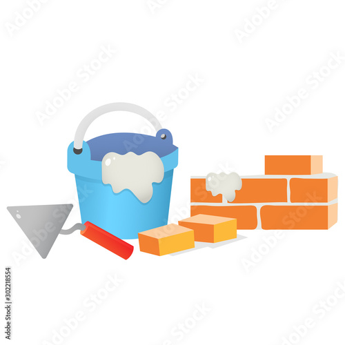 Color image of builder tools on a white background. Brick wall. Cement with shpatel. Construction. Profession: builder. Vector illustration set for kids.