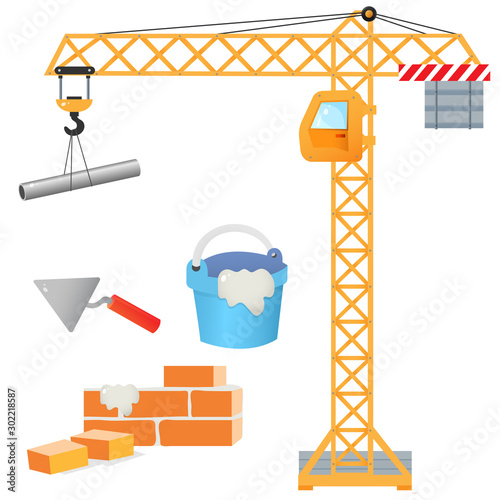 Color image of elevating crane on a white background. Brick wall. Cement with shpatel. Construction. Profession: builder. Vector illustration set for kids.