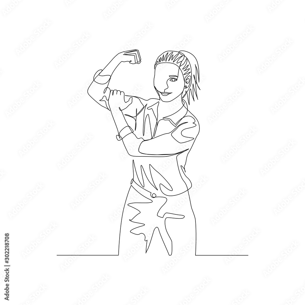Continuous one line woman show your strength, shows your biceps. Feminism. Vector Continuous one line woman show your strength, shows your biceps. Feminism. Vector