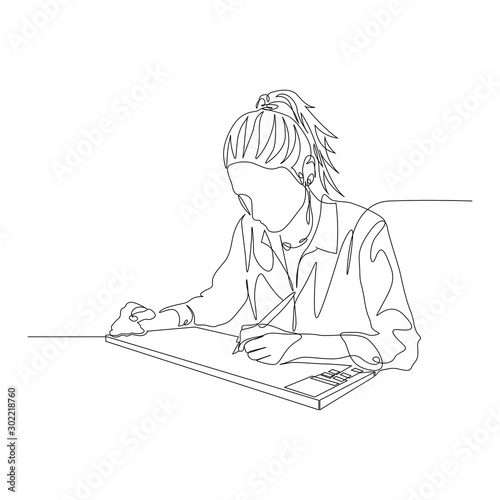 Continuous one line woman drawing on graphic tablet. Digital artist. Vector