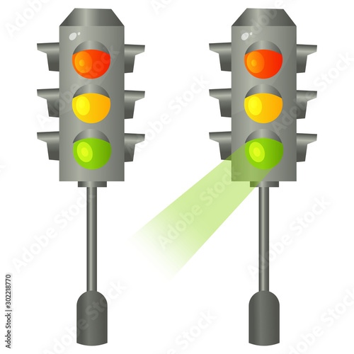 Color image of traffic lights on a white background. Green light of traffic signal. Traffic rules and road sign. Vector illustration set for kids.