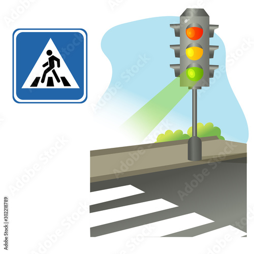 Color image of traffic lights on a white background. Green light of traffic signal. Crosswalk. Traffic rules and road sign. Vector illustration set for kids.