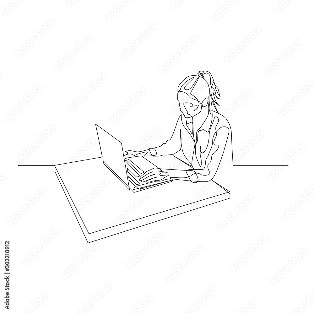 Continuous one line woman works at a laptop at the table. Vector Continuous one line woman works at a laptop at the table. Vector