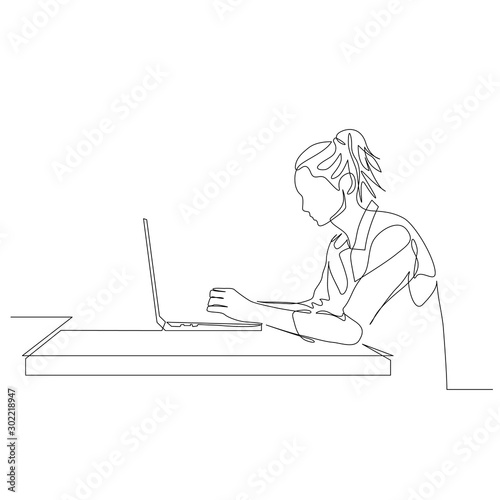 Continuous one line woman work with help laptop at the table. Side view. Vector