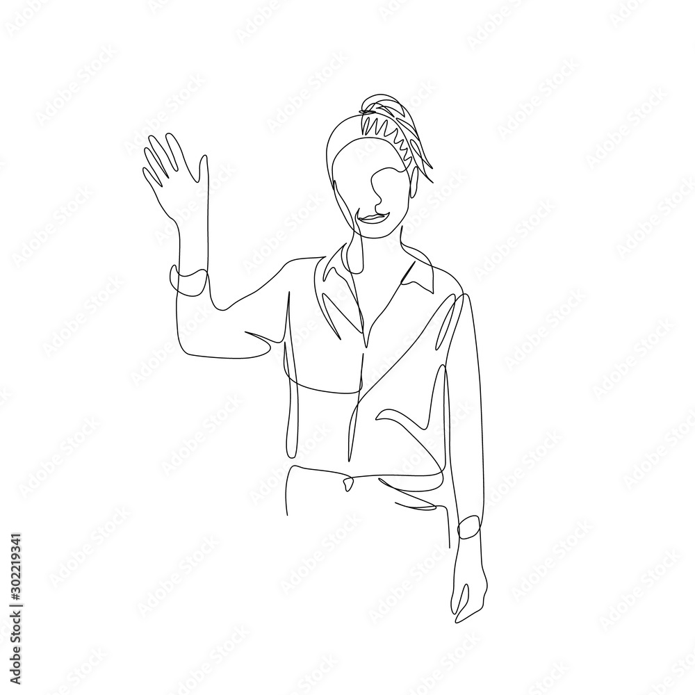 Continuous one line smiling woman waving hand. Vector Continuous one line smiling woman waving hand. Vector