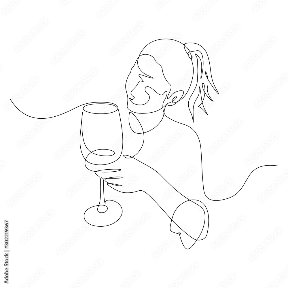 Continuous one line woman with a glass of wine in hand. Vector Continuous one line woman with a glass of wine in hand. Vector