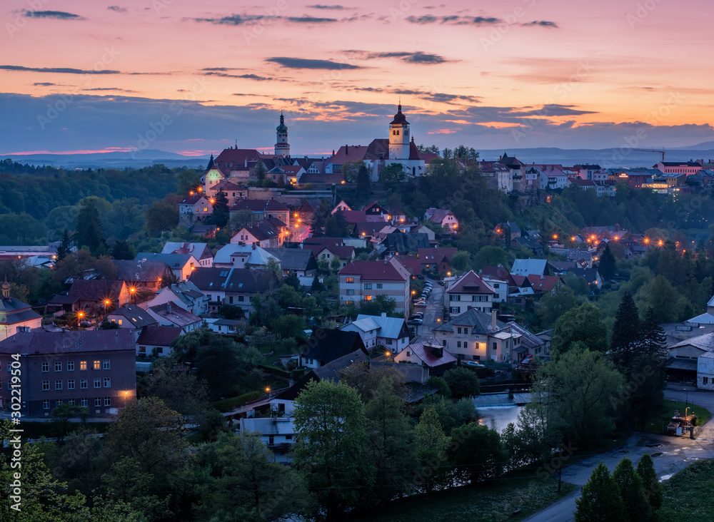 Amazing panoramic view of Nove Mesto nad Metuji at twilight, Czech Republic