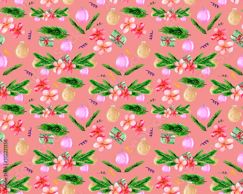 Seamless background with green fir branches, toys, flowers and gifts. Christmas background for textiles, Wallpaper and packaging.