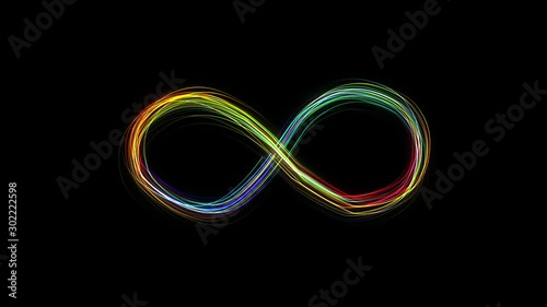 Infinity symbol appears of multiple glowing lines, animated figure. Emerging glowing gradient rainbow color infinity sign on black background from many lines. Lines draw moving infinity sign. photo